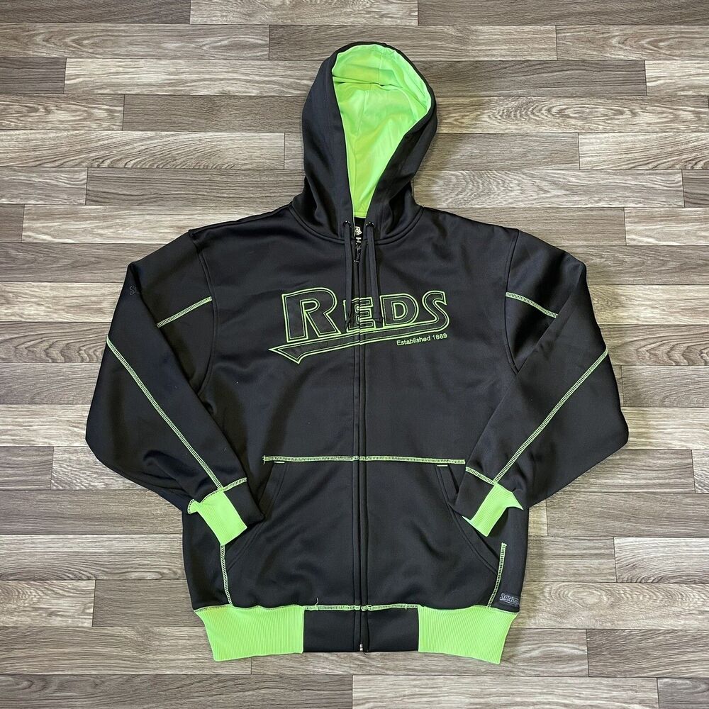 Cincinnati Reds Full Zip Hoodie Sweatshirt Jacket Men’s Medium Black Green MLB
